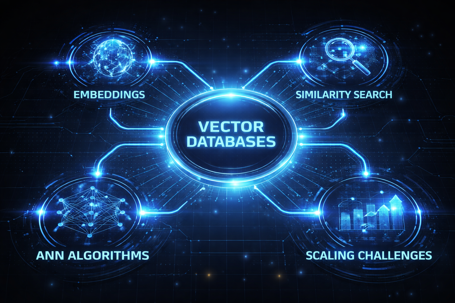 A sleek, high-tech concept map diagram showing Vector Databases at the center, with illuminated connecting lines branching out to related nodes labeled Embeddings, Similarity Search, ANN Algorithms, and Scaling Challenges
